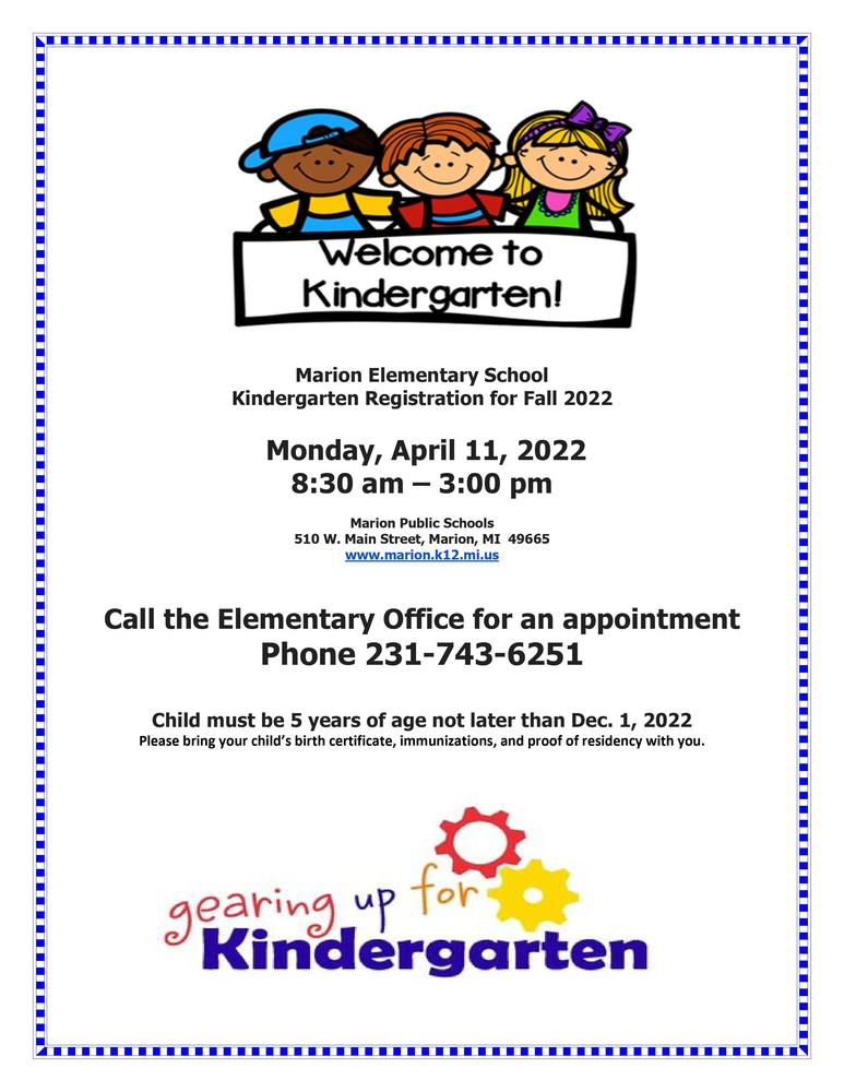Kindergarten Registration 2022 Marion Public Schools