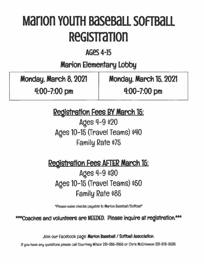 Marion Youth Baseball Softball Registration